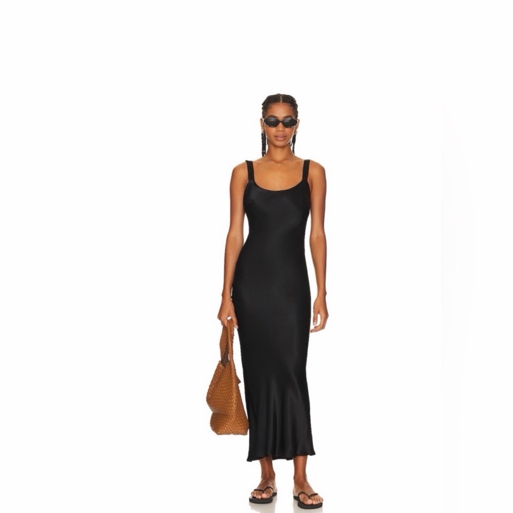 Revolve SNDYS. Avani Satin Black Scoop Back Midi Dress Evening Flatering